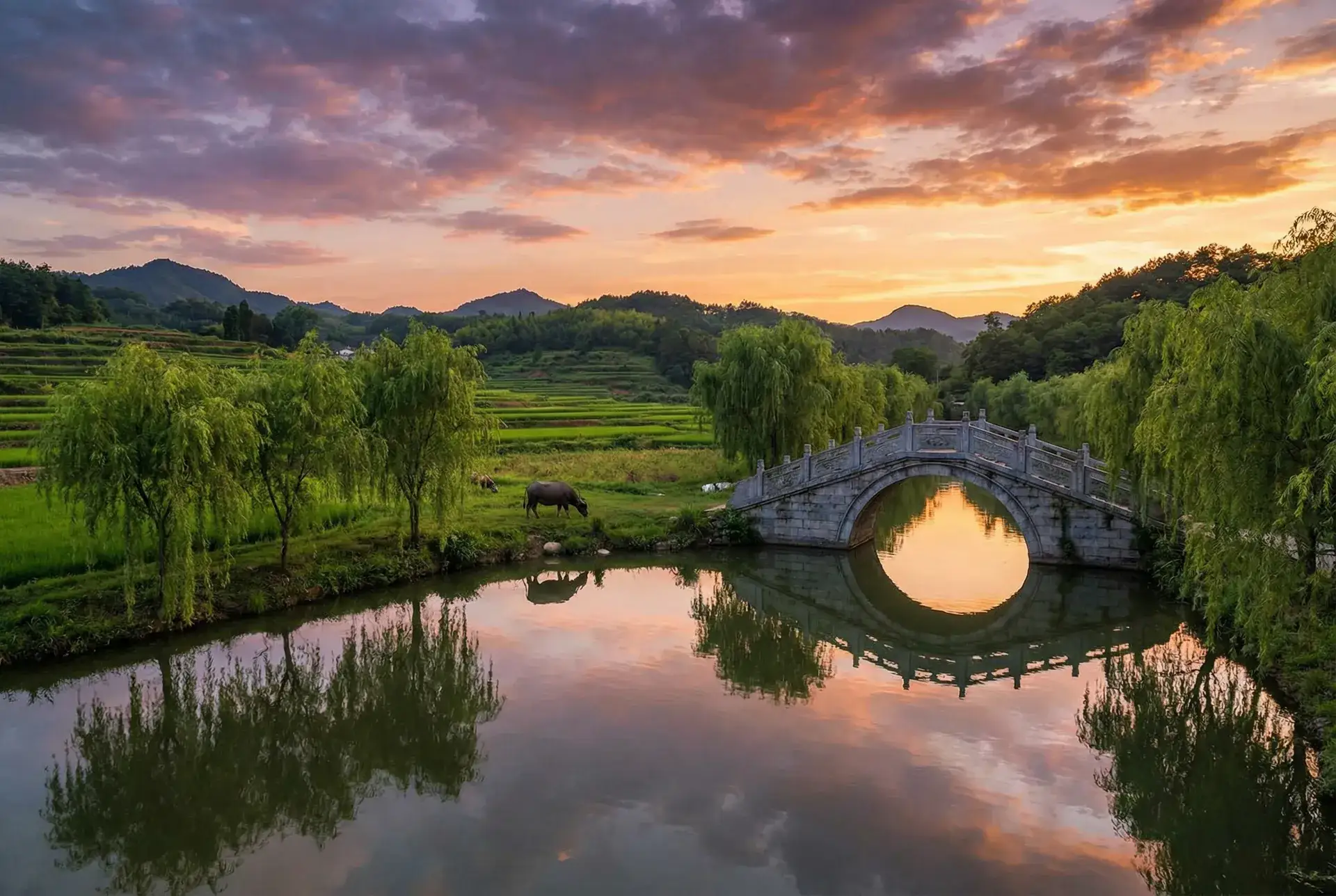 夕阳下的石拱桥与垂柳，水牛在河边吃草 - 2018高清一道国产 乡村美景